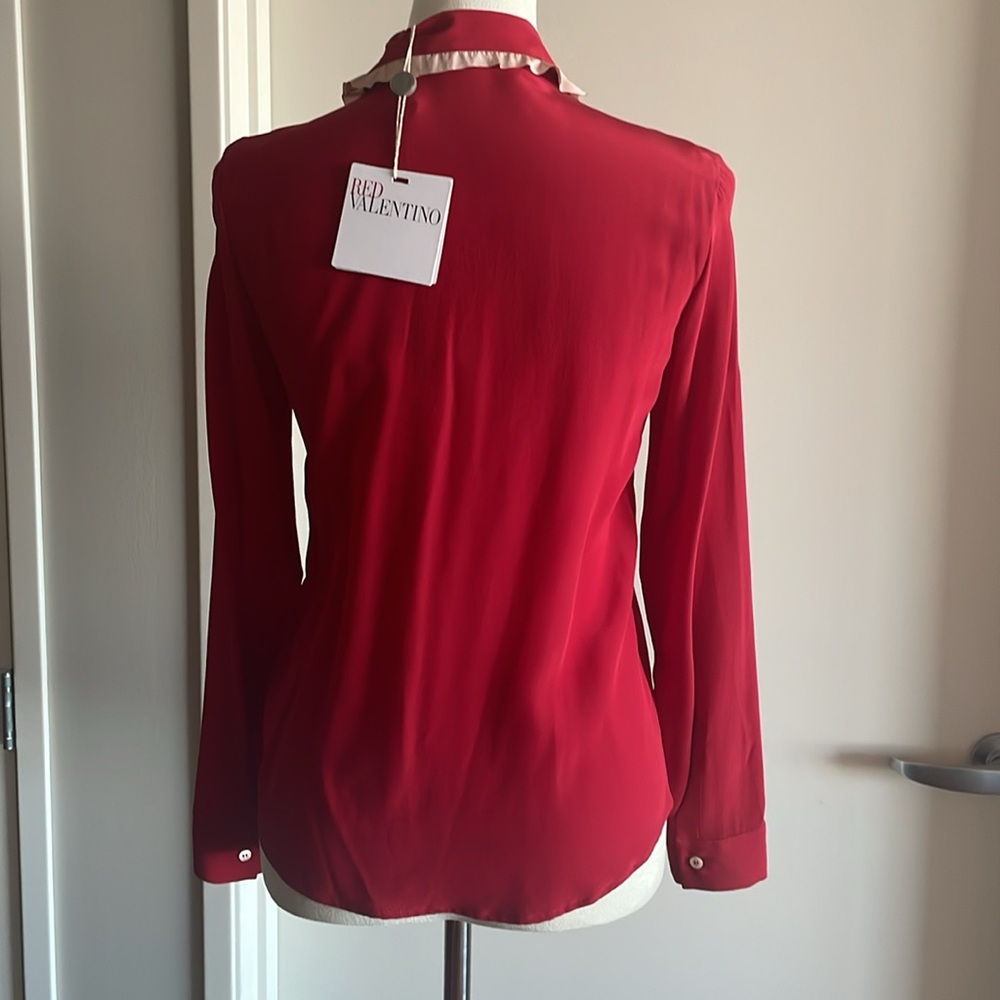 RED Valentino Silk Crepe Ruffle Tie Neck Button Down Blouse Red - Picture 5 of 14